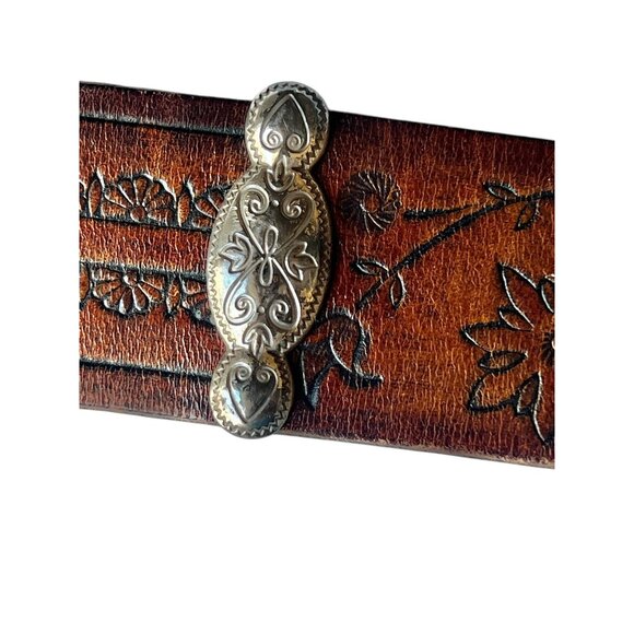 Brighton Leather Belt Floral Embossed Patterns & Silver Tone Buckle 33"-37" - Picture 9 of 16
